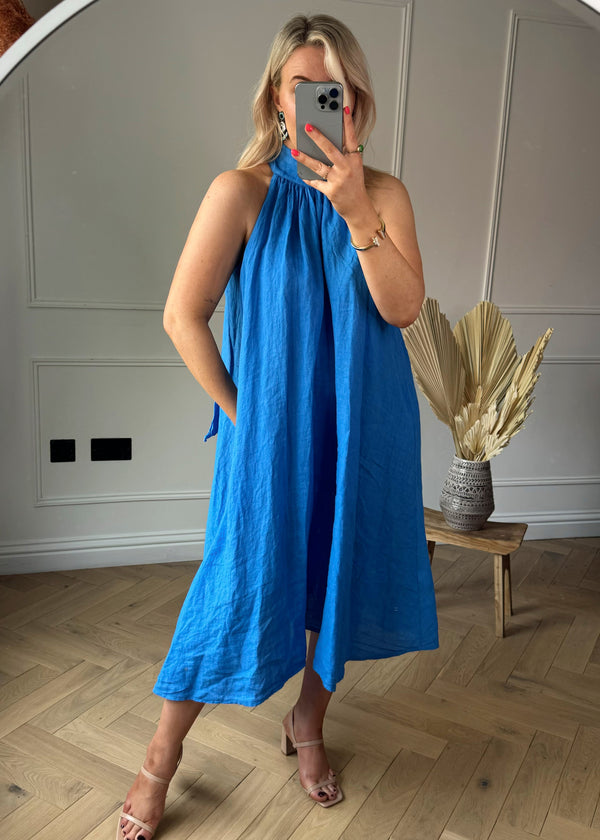 Bow back linen dress - cerulean-The Style Attic