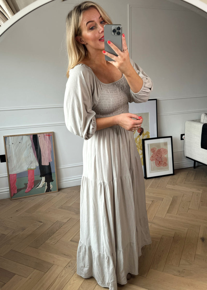 Marla shirred dress - beige-The Style Attic