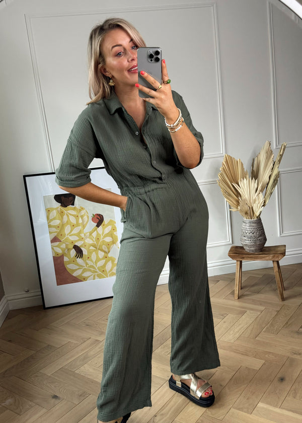 Porter cheesecloth jumpsuit - khaki-The Style Attic