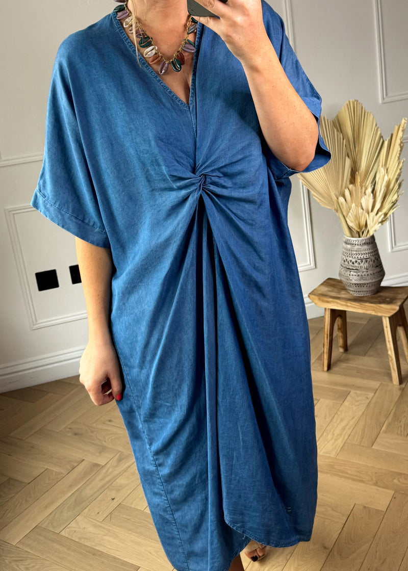 Carnie twist front dress - mid blue denim