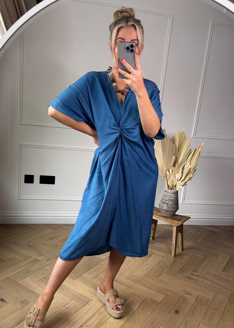 Carnie twist front dress - mid blue denim