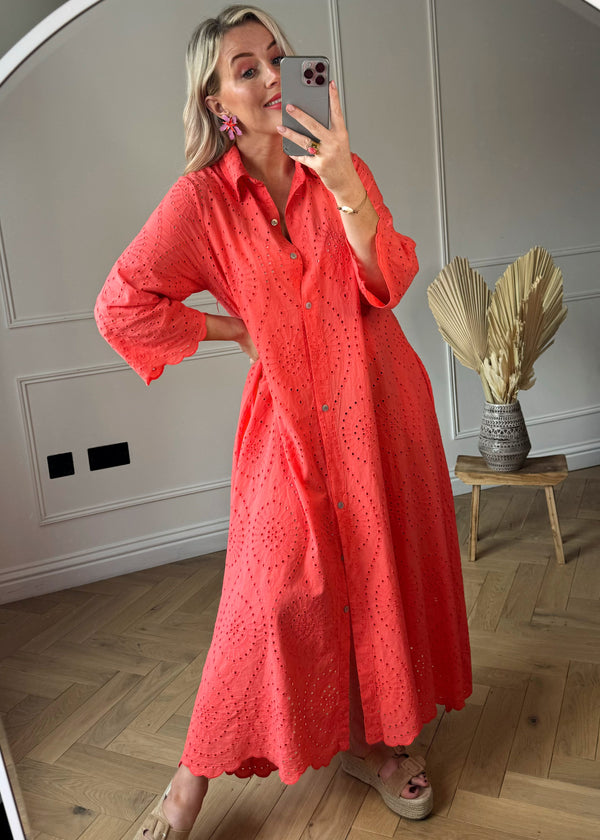 Trinny broderie anglaise dress - coral-The Style Attic