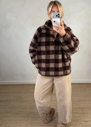 1/4 zip check fleece - Merlot/cream-The Style Attic