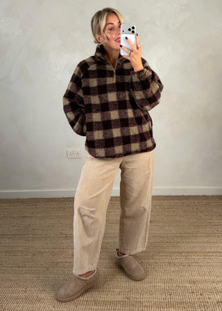 1/4 zip check fleece - Merlot/cream-The Style Attic