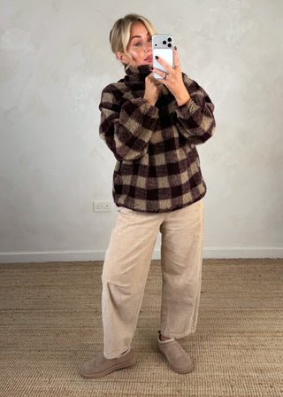 1/4 zip check fleece - Merlot/cream-The Style Attic
