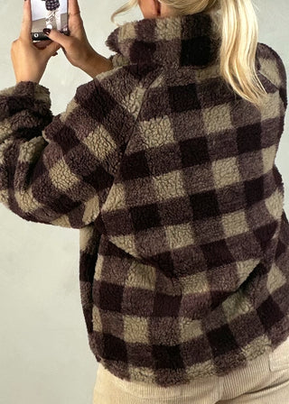 1/4 zip check fleece - Merlot/cream-The Style Attic