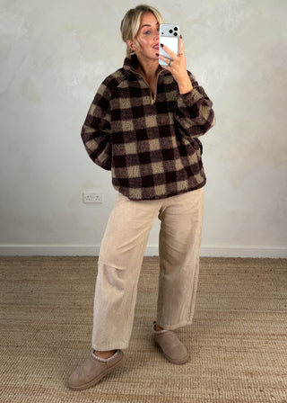 1/4 zip check fleece - Merlot/cream-The Style Attic