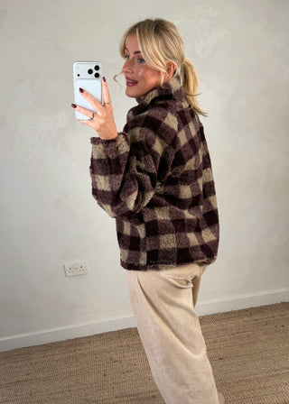 1/4 zip check fleece - Merlot/cream-The Style Attic