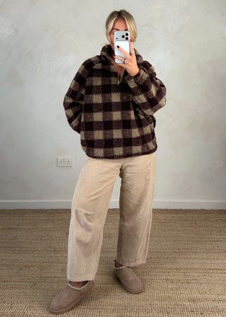 1/4 zip check fleece - Merlot/cream-The Style Attic