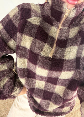 1/4 zip check fleece - Merlot/cream-The Style Attic