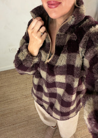 1/4 zip check fleece - Merlot/cream-The Style Attic
