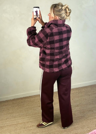 1/4 zip check fleece - Merlot/pink-The Style Attic