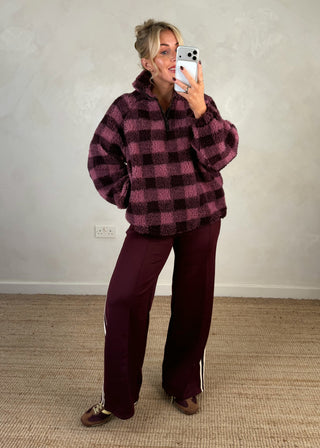 1/4 zip check fleece - Merlot/pink-The Style Attic