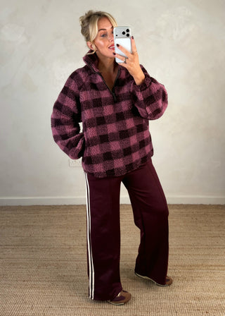 1/4 zip check fleece - Merlot/pink-The Style Attic