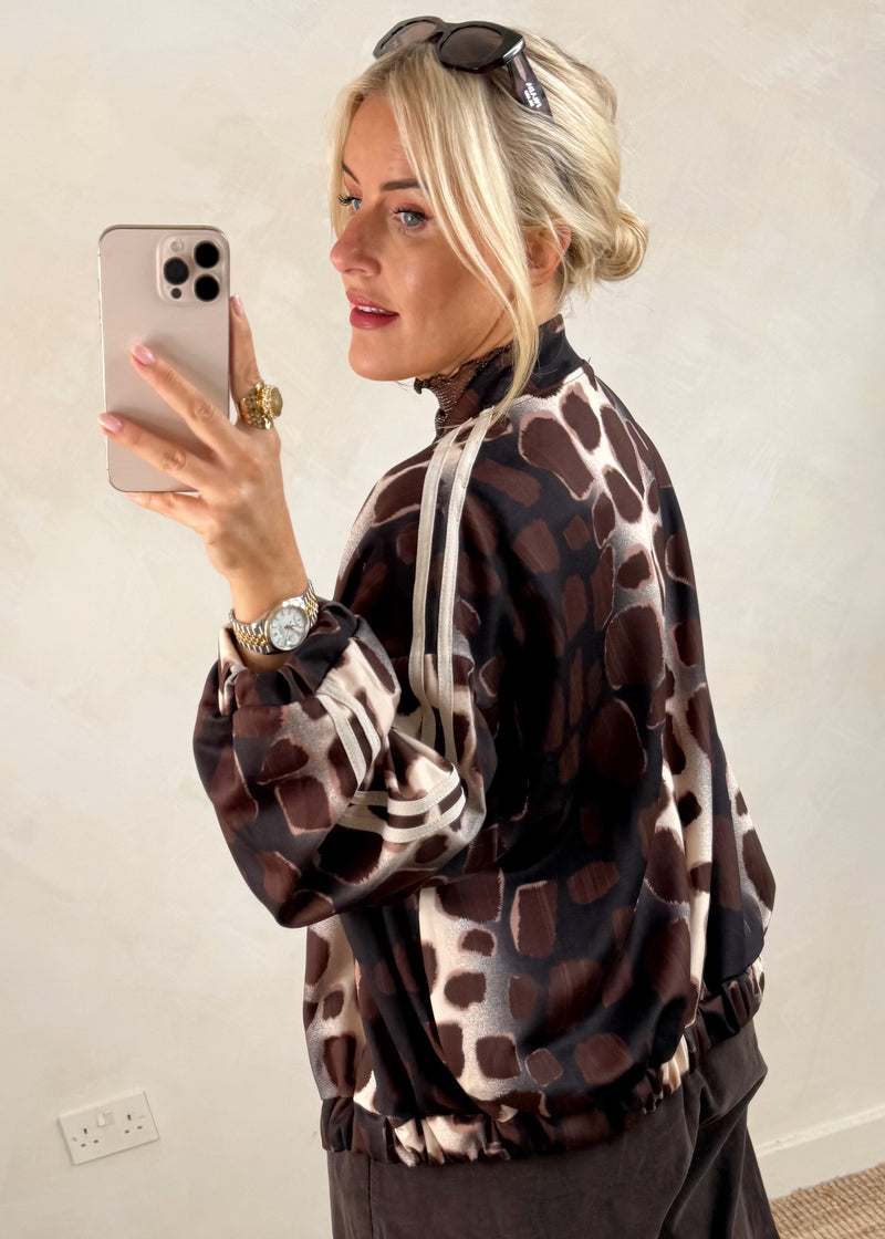 2 stripe bomber jacket - chocolate-The Style Attic