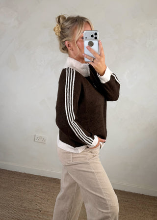 4 stripe zip knit - Chocolate/cream-The Style Attic