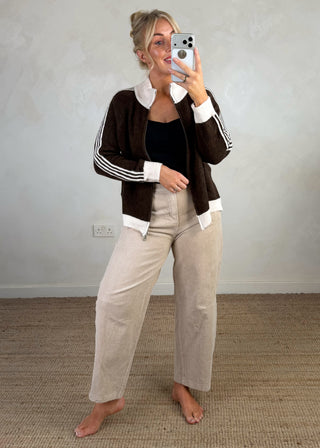 4 stripe zip knit - Chocolate/cream-The Style Attic