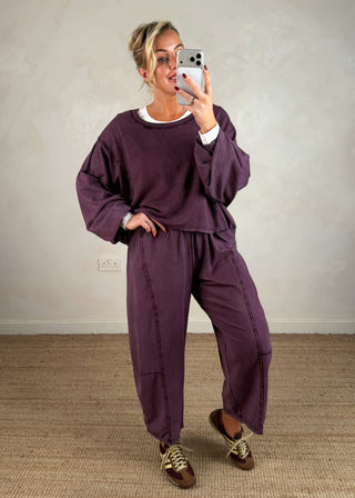 Acid wash barrel leg trouser - Aubergine-The Style Attic