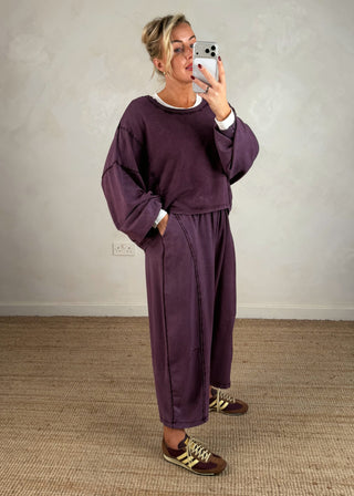 Acid wash barrel leg trouser - Aubergine-The Style Attic