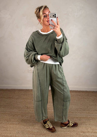Acid wash barrel leg trouser - Khaki-The Style Attic