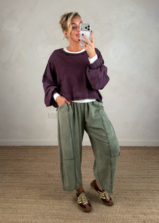 Acid wash barrel leg trouser - Khaki-The Style Attic