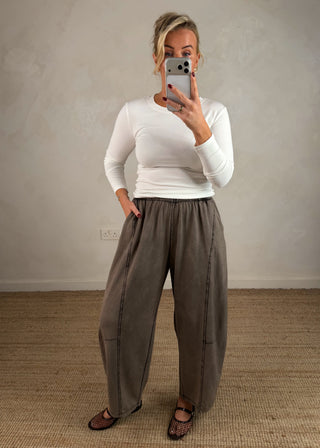 Acid wash barrel leg trouser - Taupe-The Style Attic