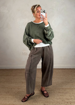 Acid wash barrel leg trouser - Taupe-The Style Attic
