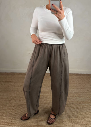 Acid wash barrel leg trouser - Taupe-The Style Attic
