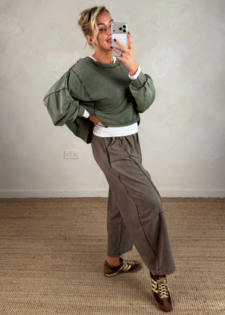 Acid wash barrel leg trouser - Taupe-The Style Attic