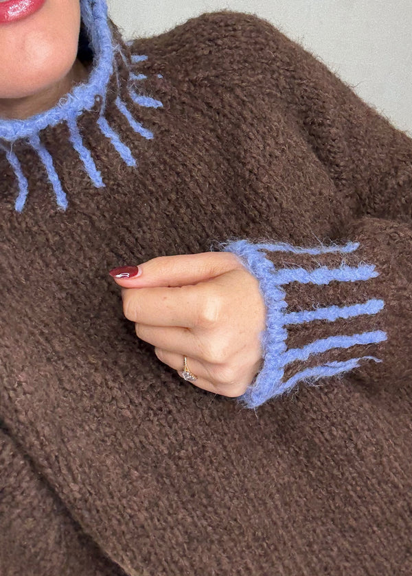 Ada contrast stitch knit - choc/blue-The Style Attic