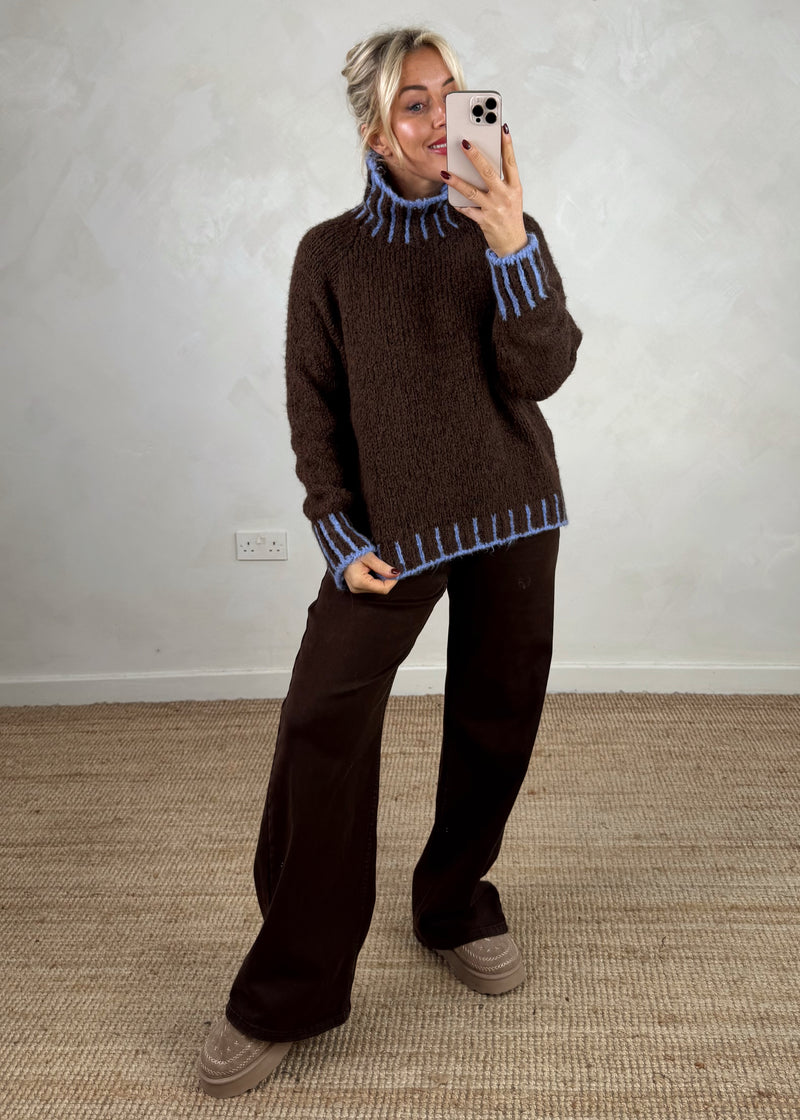 Ada contrast stitch knit - choc/blue-The Style Attic