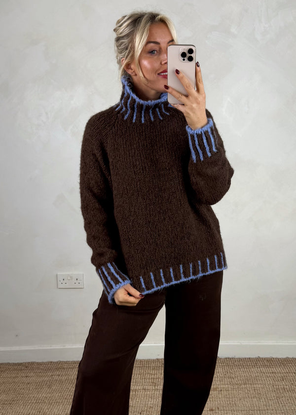 Ada contrast stitch knit - choc/blue-The Style Attic