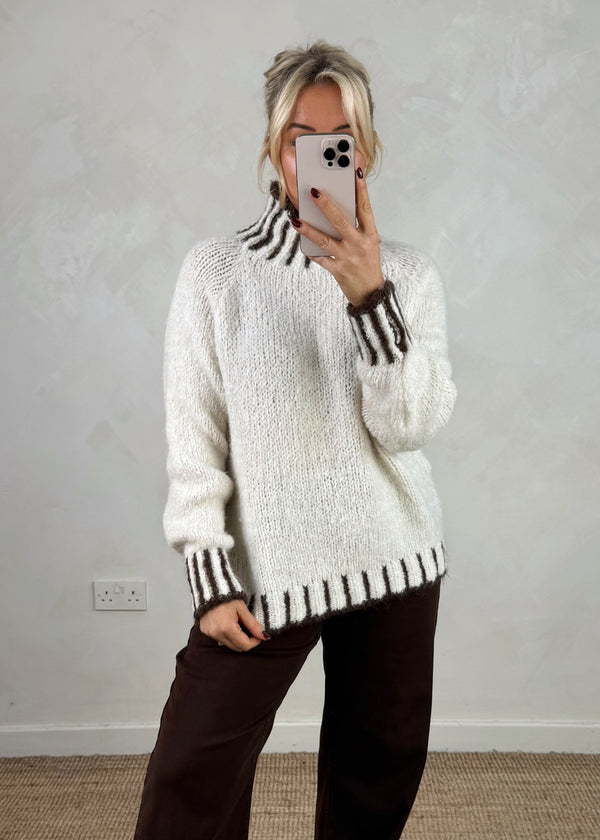 Ada contrast stitch knit - cream/choc-The Style Attic