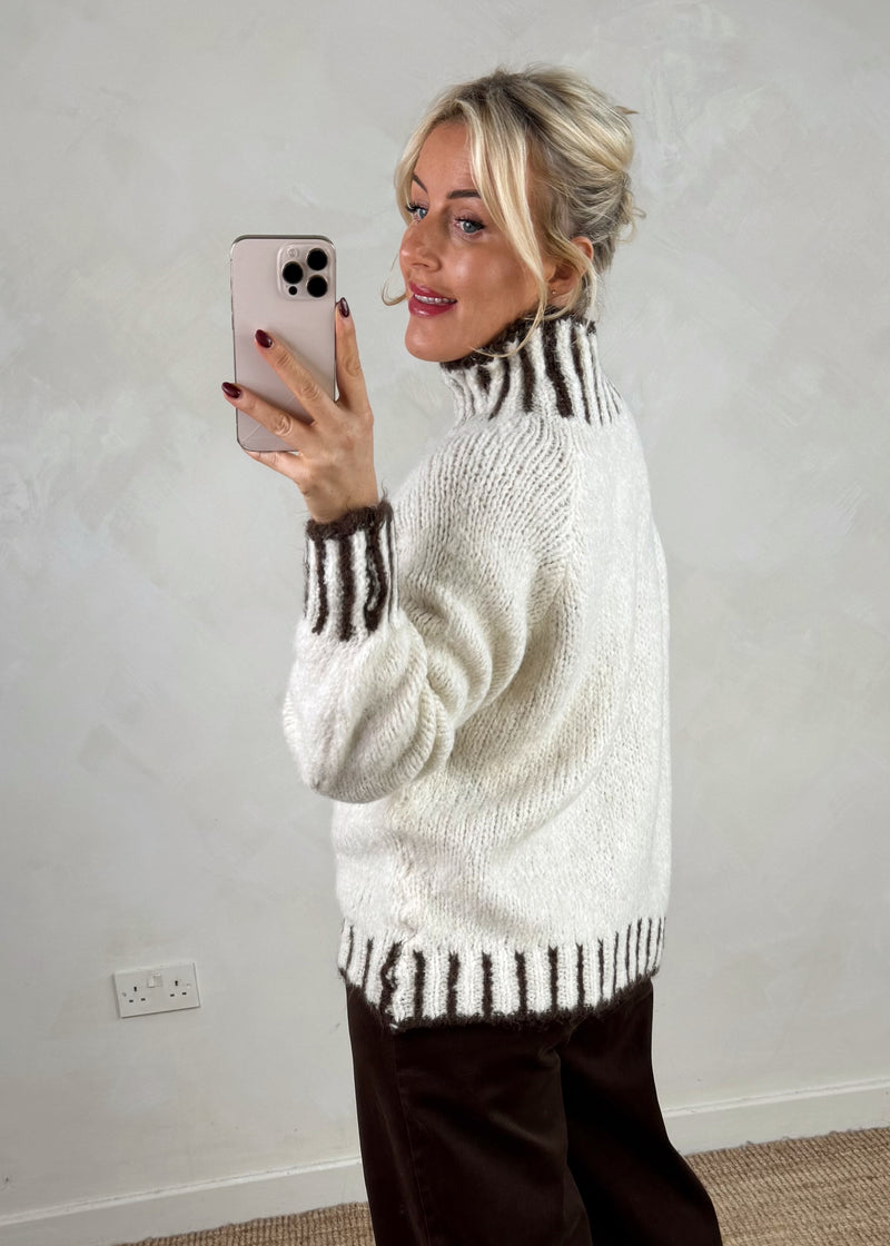 Ada contrast stitch knit - cream/choc-The Style Attic