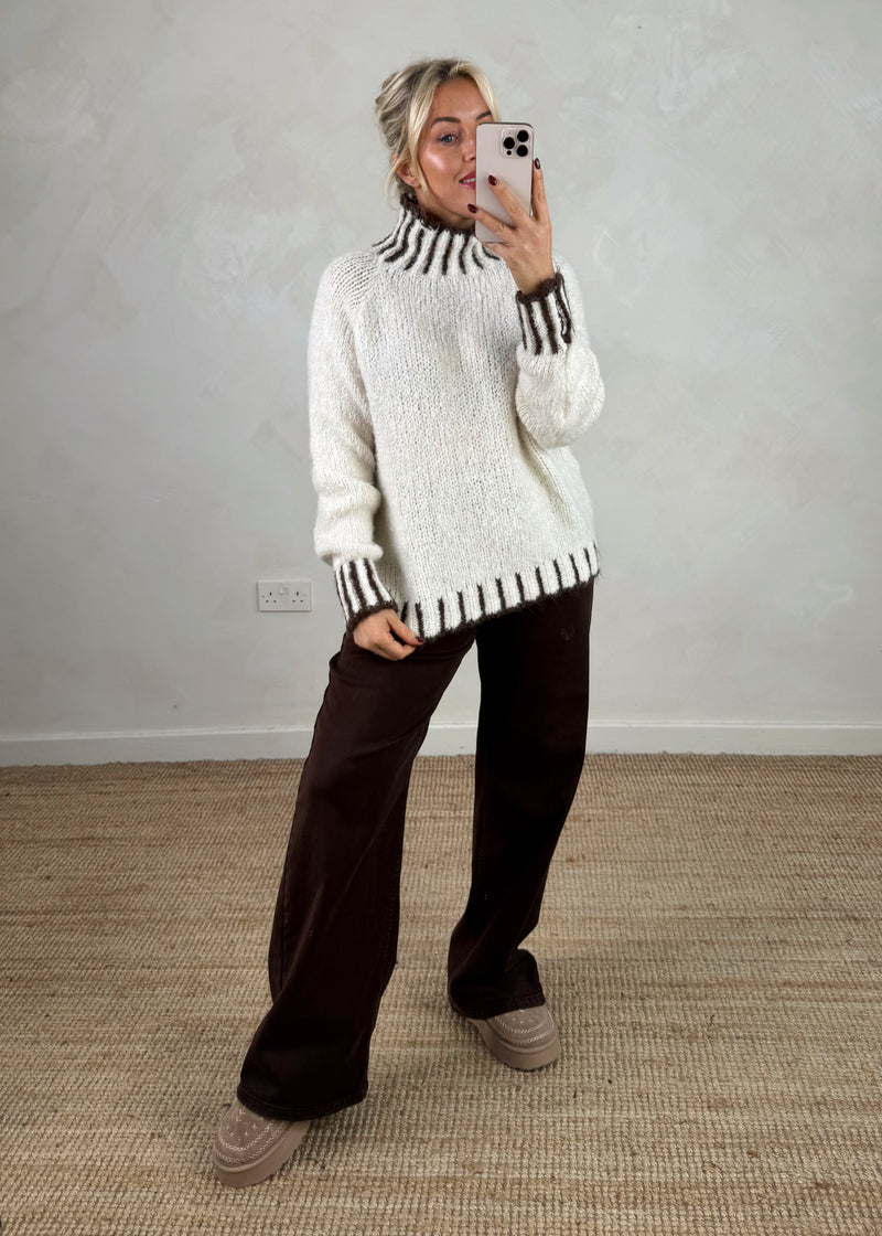 Ada contrast stitch knit - cream/choc-The Style Attic