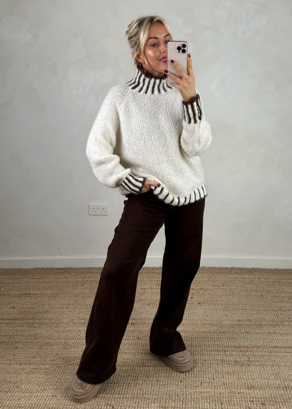 Ada contrast stitch knit - cream/choc-The Style Attic