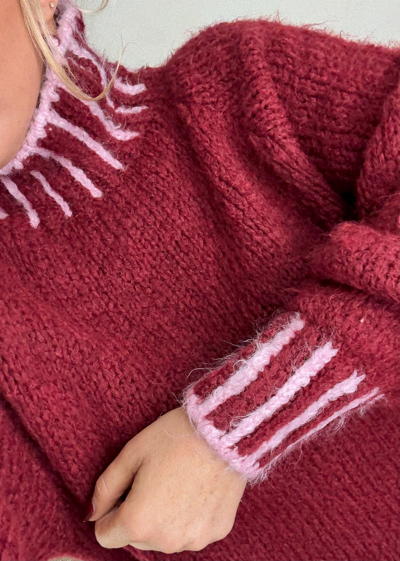 Ada contrast stitch knit - merlot/pink-The Style Attic