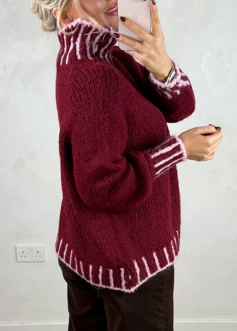 Ada contrast stitch knit - merlot/pink-The Style Attic