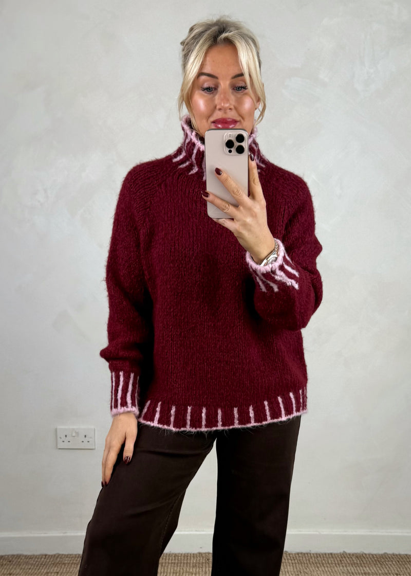 Ada contrast stitch knit - merlot/pink-The Style Attic