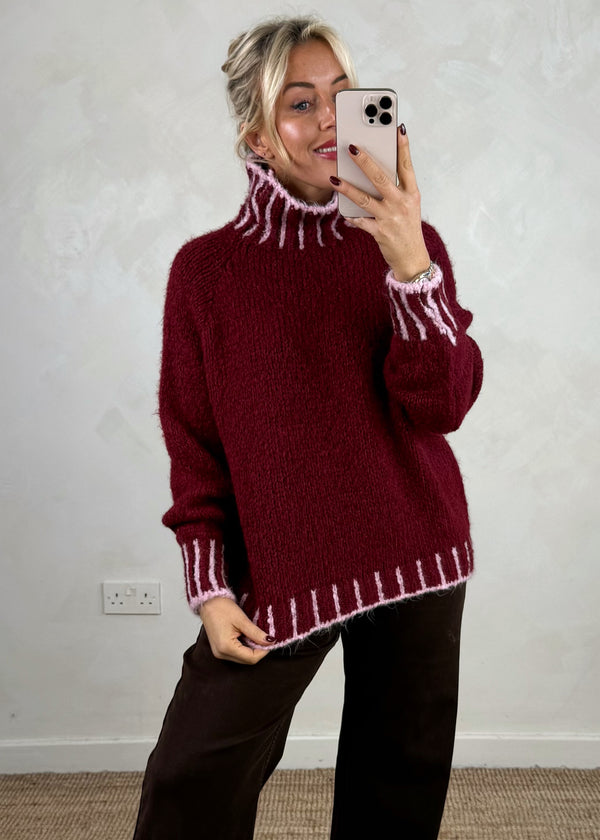 Ada contrast stitch knit - merlot/pink-The Style Attic