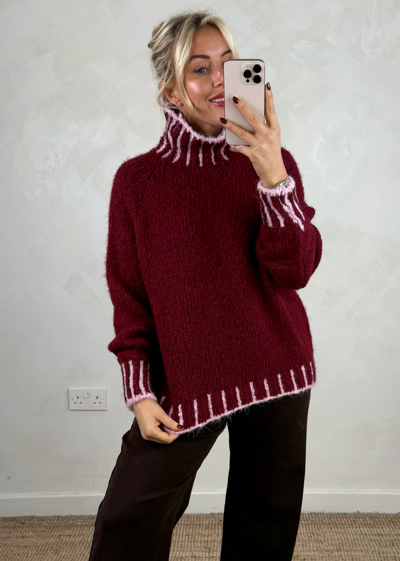 Ada contrast stitch knit - merlot/pink-The Style Attic