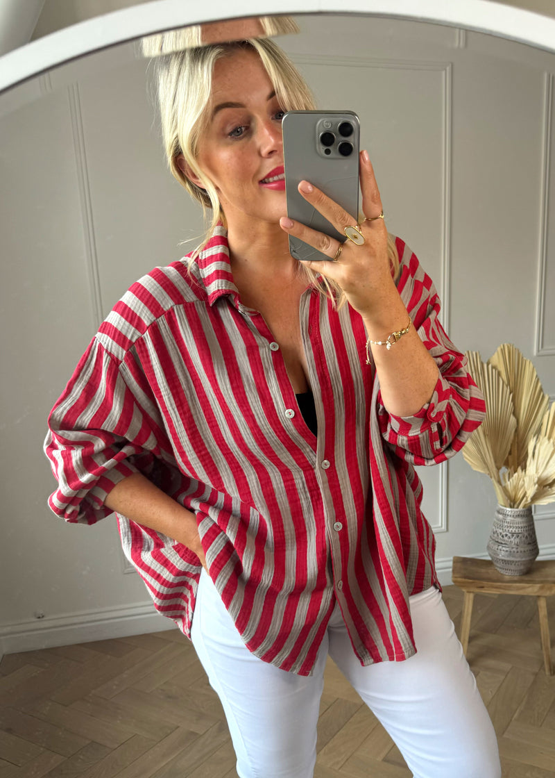 Addison striped shirt - red/mocha-The Style Attic