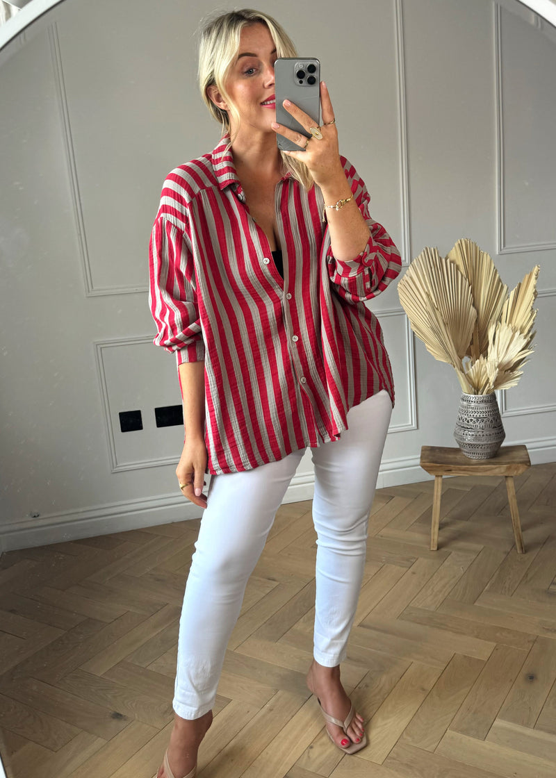 Addison striped shirt - red/mocha-The Style Attic