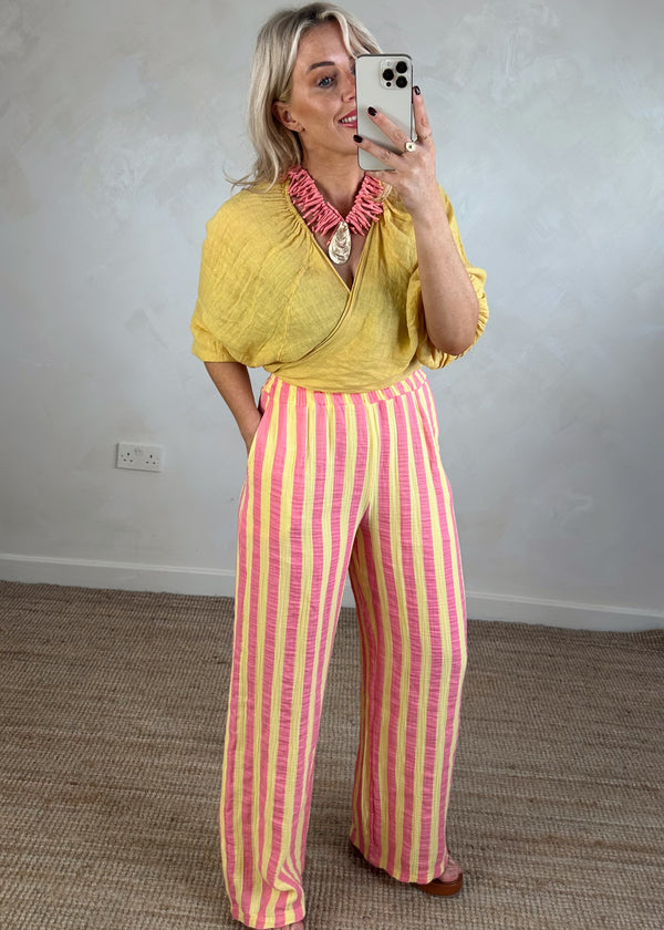Astrid striped cheesecloth trouser - yellow/pink-The Style Attic