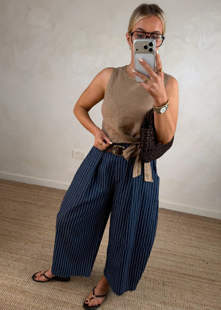 Belted barrel leg denim - stripe-The Style Attic