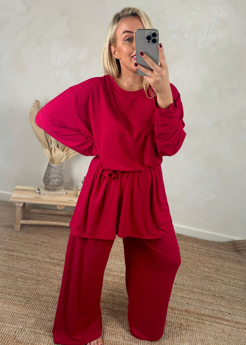 Belted pj loungewear - red-The Style Attic