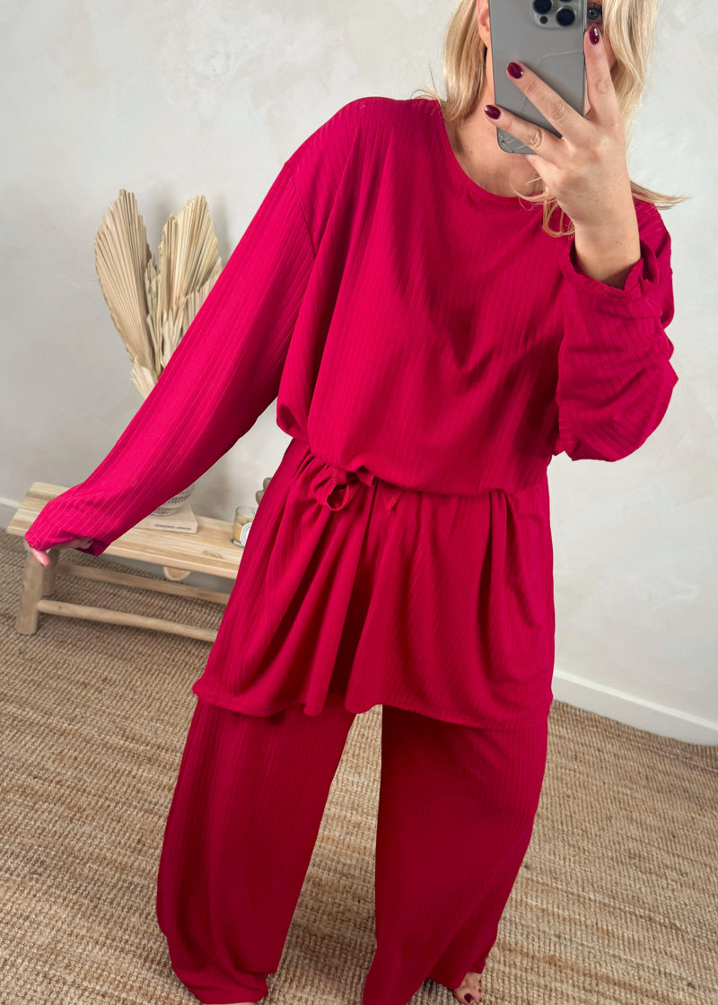 Belted pj loungewear - red-The Style Attic