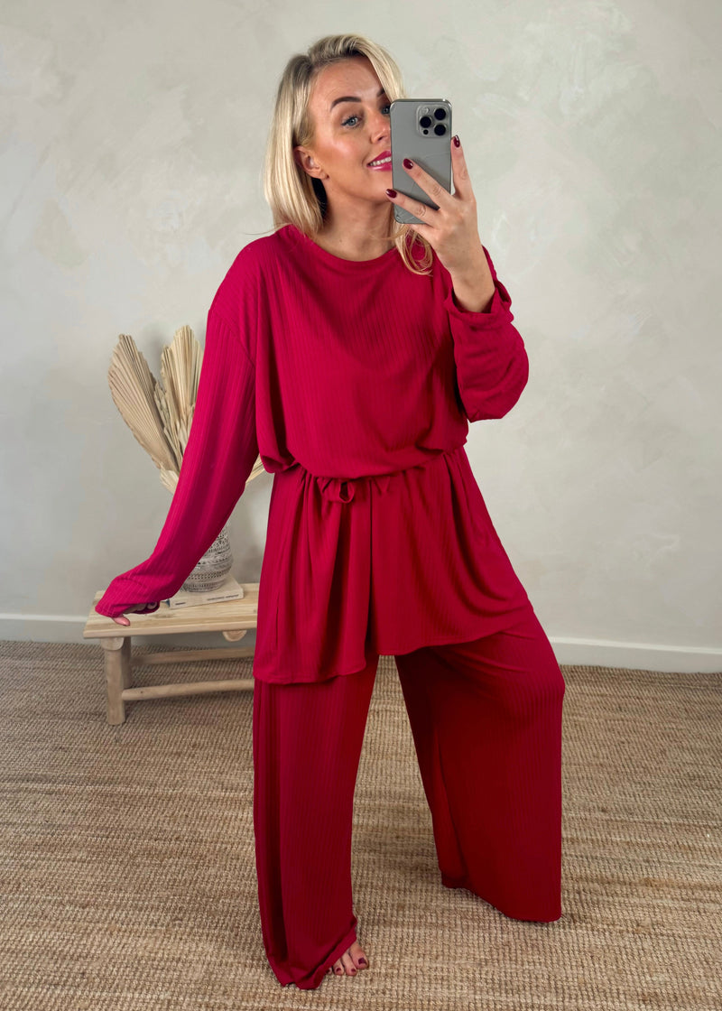 Belted pj loungewear - red-The Style Attic