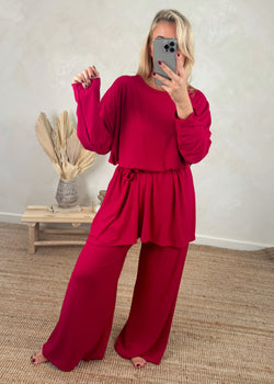 Belted pj loungewear - red-The Style Attic