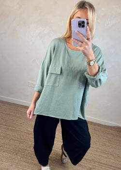 Bex double pocket sweater - sage-The Style Attic